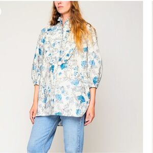 SECULAR LAB  Liberty Print Floral Print White Blue Button Mock Neck Tunic Sz XS